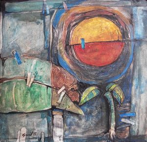 Abstract sun with leaves and clothespins