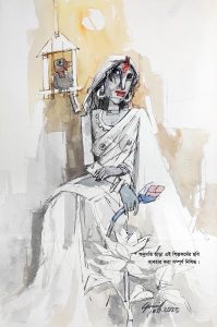 Woman in white sari holding flower