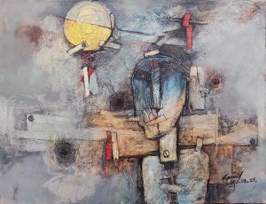 Abstract figure with moon and colors.