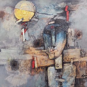 Abstract figure with moon and colors.