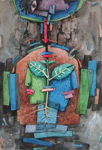 An experimental painting with some faces