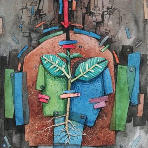 An experimental painting with some faces