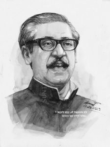 Watercolor portrait of Bangabandhu Sheikh Mujibur Rahman Gray