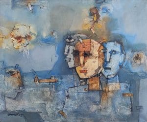 Abstract faces in muted colors, oil painting.