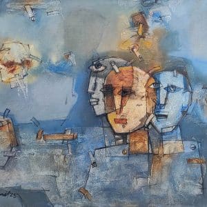 Abstract faces in muted colors, oil painting.