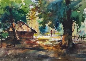 Serene village scene with sunlight