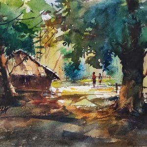 Serene village scene with sunlight