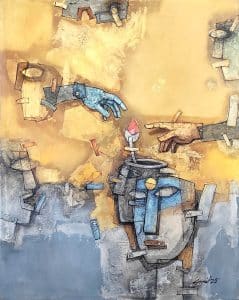 Abstract figures with hands and faces.