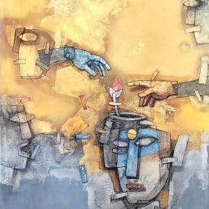 Abstract figures with hands and faces.