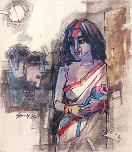 Woman in traditional attire holding flower.