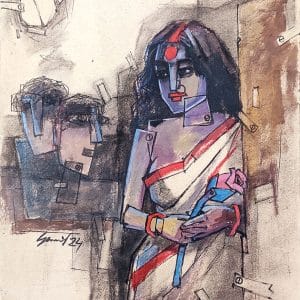 Woman in traditional attire holding flower.