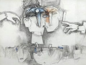 Experimental figurative drawing in watercolor and charcoal exploring fragmented human identity by Bangladeshi artist Sunil Kumar