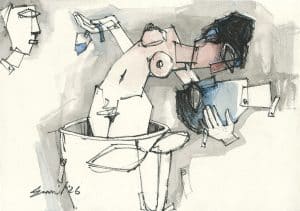 Experimental figurative drawing in ink, charcoal and watercolor by contemporary artist Sunil Kumar, depicting fragmented human figures and emotional dialogue.