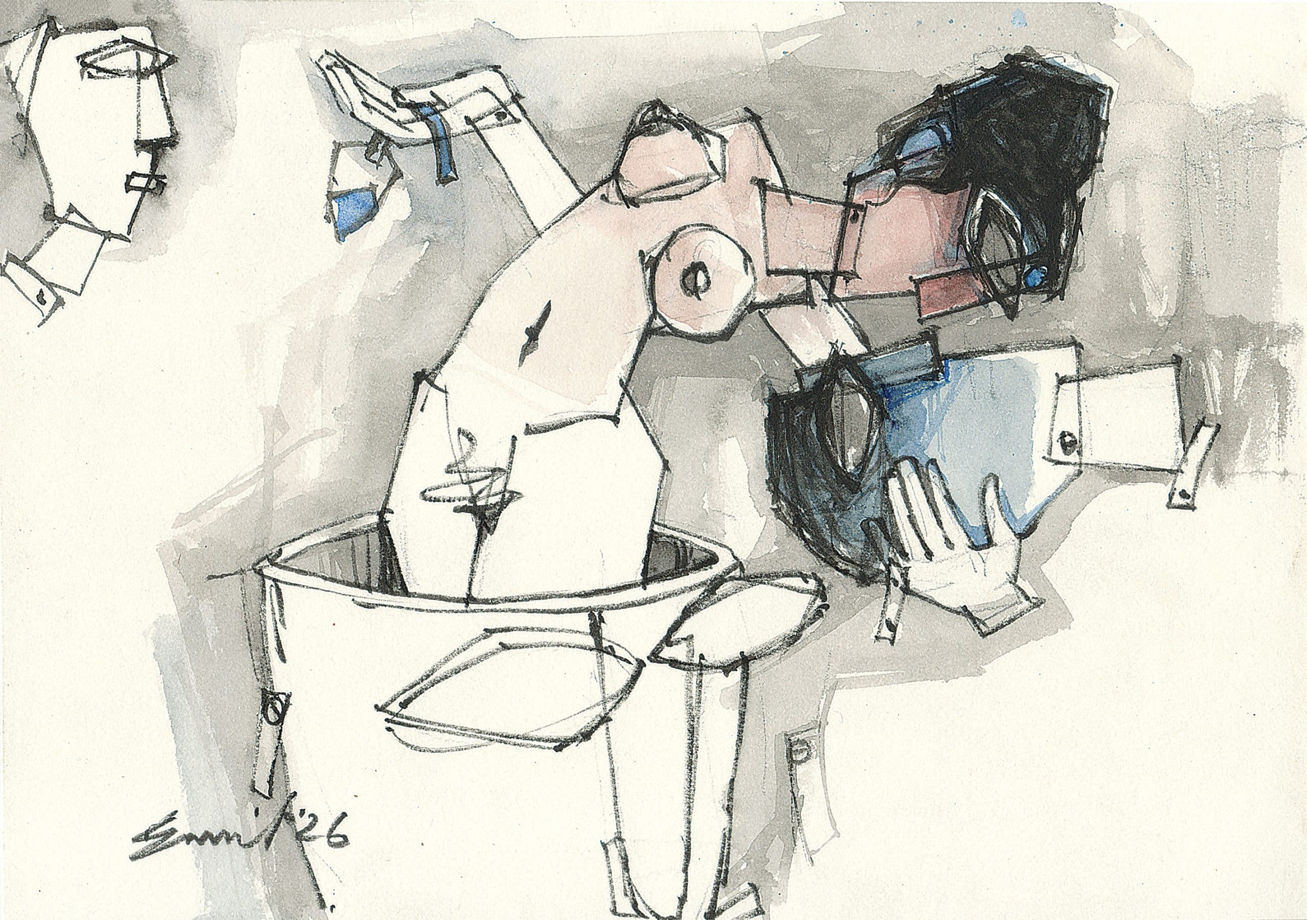 Experimental figurative drawing in ink, charcoal and watercolor by contemporary artist Sunil Kumar, depicting fragmented human figures and emotional dialogue.